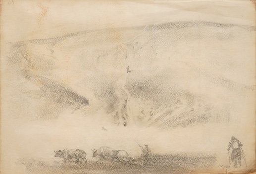 C.G, watercolour, ‘Brent Church, S. Devon’, monogrammed together with a charcoal study, oxen before mountains, monogrammed and dated 1933, largest 29 x 41cm. Condition - fair, staining to charcoal